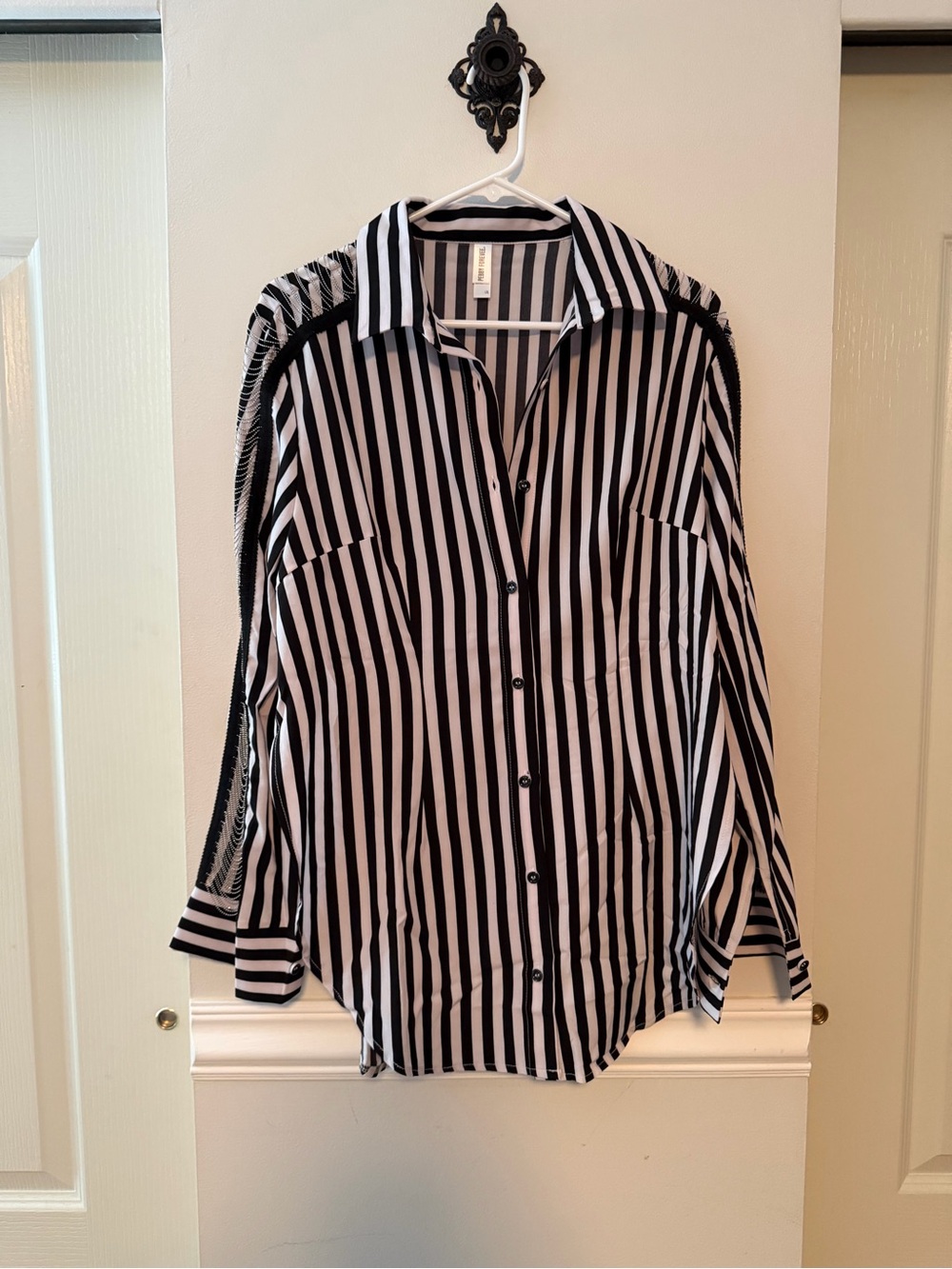 Women’s Black & White Vertical Stripe Button-Down Shirt - Classic Collared Top